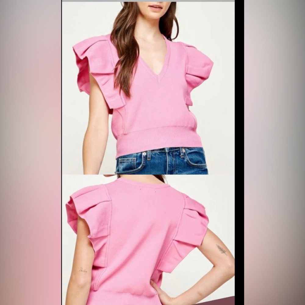 Never worn (no tags), pink, size large, Strut & Bolt flutter sleeve top